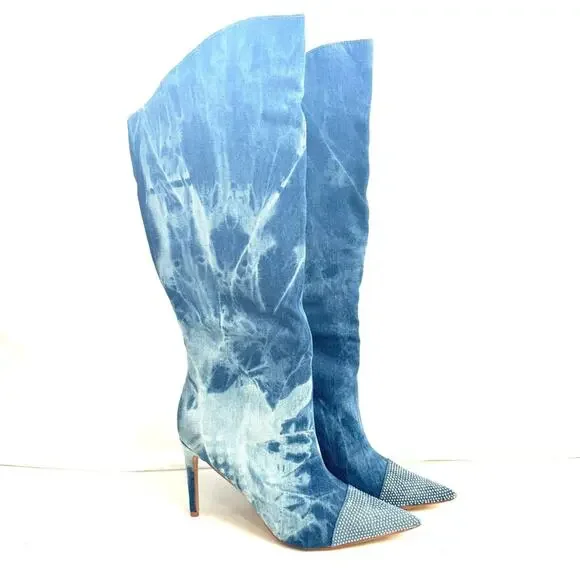Fashion Nova Rhinestone Denim Knee High Boots Size 10 - Picture 2 of 9